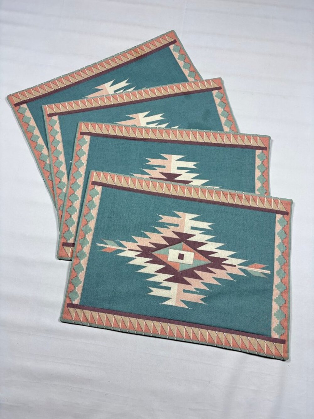 VTG Southwestern Aztec Reversible Placemats Set of 4 Teal Peach Quilted 18x13